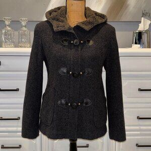 Women's Small wool-blend hooded charcoal gray peacoat w/ toggle buttons
